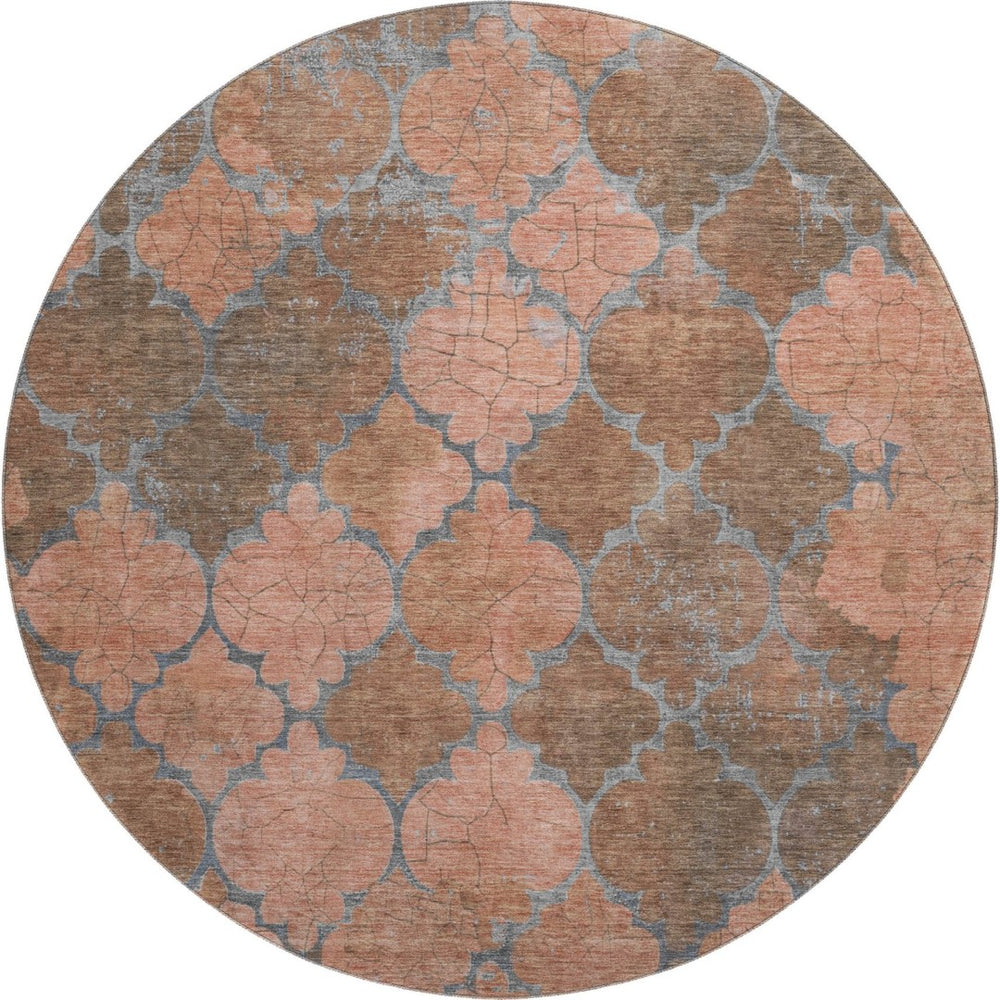 HomeRoots 8' Copper and Gray Damask Washable Round Rug - UV Protected, Stain Resistant, Non-Slip Design for Homes 701284