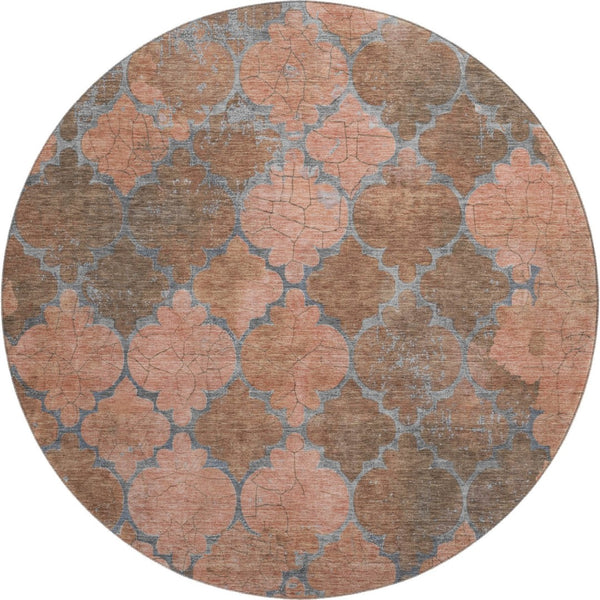 HomeRoots 8' Copper and Gray Damask Washable Round Rug - UV Protected, Stain Resistant, Non-Slip Design for Homes 701284