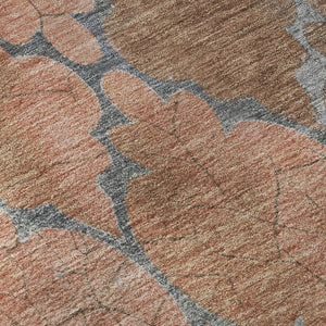HomeRoots 8' Copper and Gray Damask Washable Round Rug - UV Protected, Stain Resistant, Non-Slip Design for Homes 701284