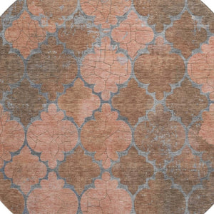 HomeRoots 8' Copper and Gray Damask Washable Round Rug - UV Protected, Stain Resistant, Non-Slip Design for Homes 701284