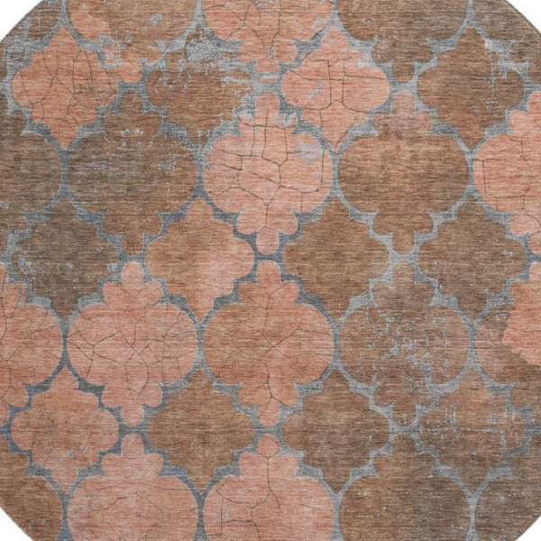 HomeRoots 8' Copper and Gray Damask Washable Round Rug - UV Protected, Stain Resistant, Non-Slip Design for Homes 701284