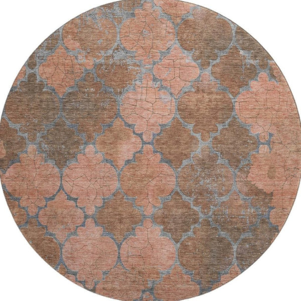 HomeRoots 8' Copper and Gray Damask Washable Round Rug - UV Protected, Stain Resistant, Non-Slip Design for Homes 701284