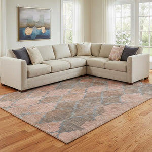 HomeRoots 8' X 10' Copper and Gray Damask Area Rug - Washable, UV-Protected, Stain-Resistant Design for Homes 701285
