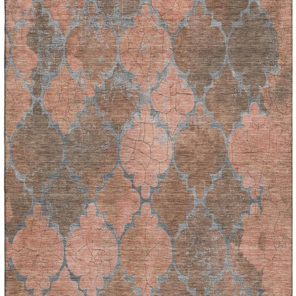 HomeRoots 8' X 10' Copper and Gray Damask Area Rug - Washable, UV-Protected, Stain-Resistant Design for Homes 701285