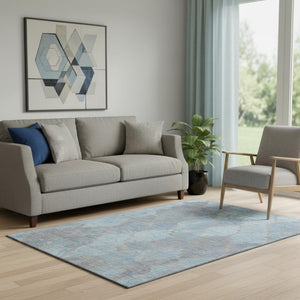 HomeRoots 5' Denim Blue & Beige Damask Washable Area Rug - Stain Resistant, UV Protected, Durable Style for Homes 701289