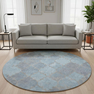 HomeRoots 8' Denim Blue and Beige Damask Round Rug - Stylish, Washable, UV-Protected, Stain-Resistant Elegance 701290