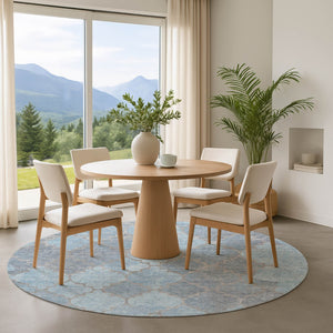 HomeRoots 8' Denim Blue and Beige Damask Round Rug - Stylish, Washable, UV-Protected, Stain-Resistant Elegance 701290