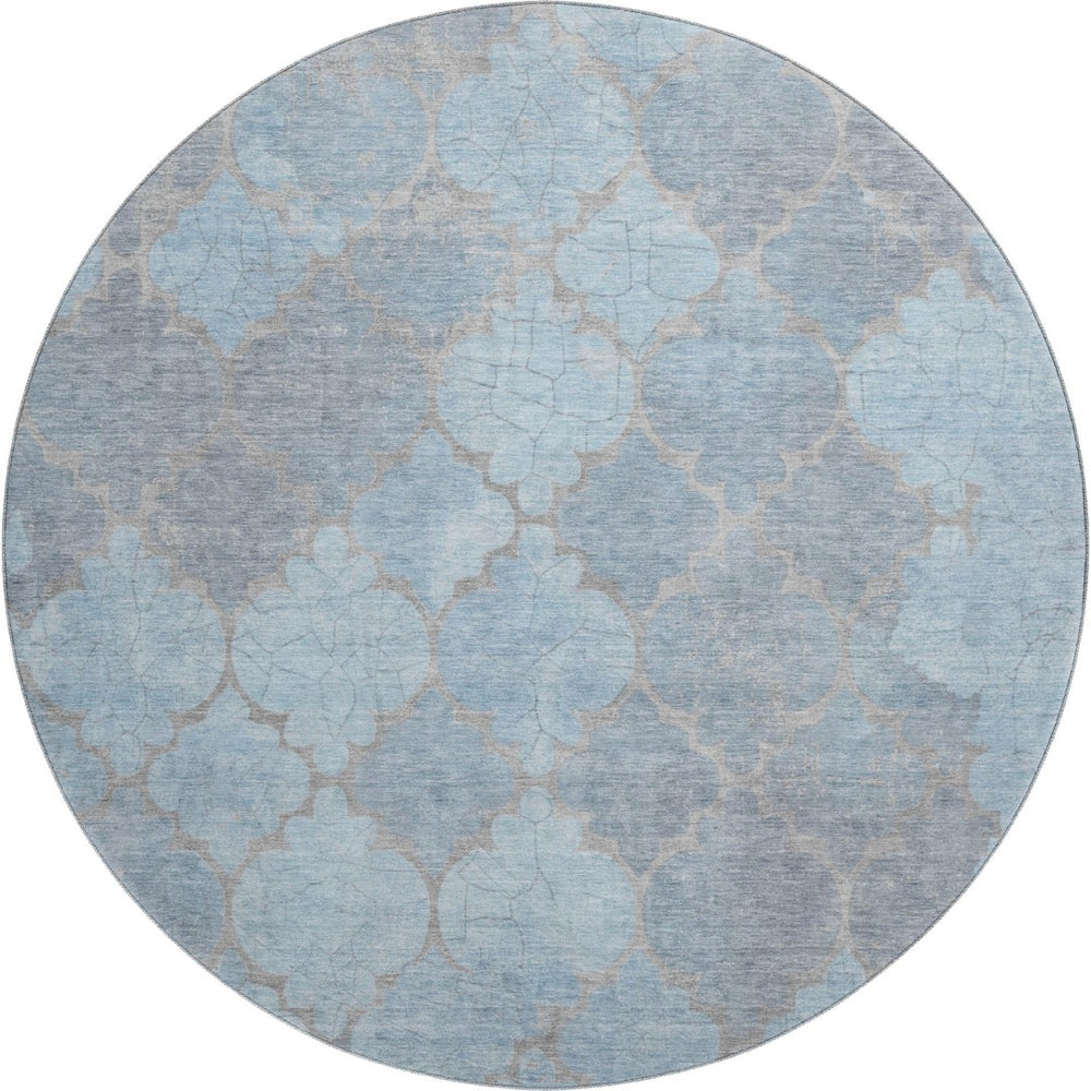 HomeRoots 8' Denim Blue and Beige Damask Round Rug - Stylish, Washable, UV-Protected, Stain-Resistant Elegance 701290