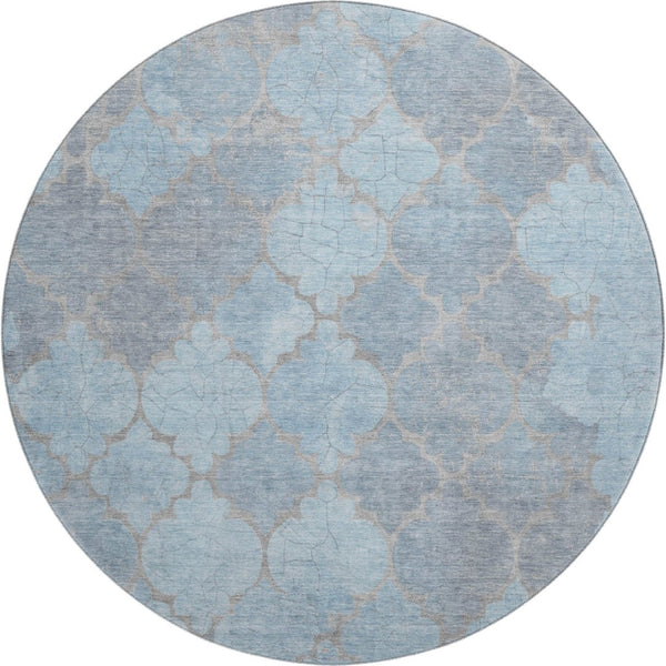 HomeRoots 8' Denim Blue and Beige Damask Round Rug - Stylish, Washable, UV-Protected, Stain-Resistant Elegance 701290