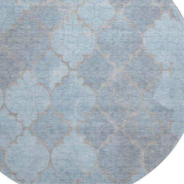HomeRoots 8' Denim Blue and Beige Damask Round Rug - Stylish, Washable, UV-Protected, Stain-Resistant Elegance 701290