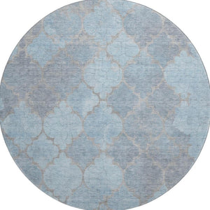 HomeRoots 8' Denim Blue and Beige Damask Round Rug - Stylish, Washable, UV-Protected, Stain-Resistant Elegance 701290