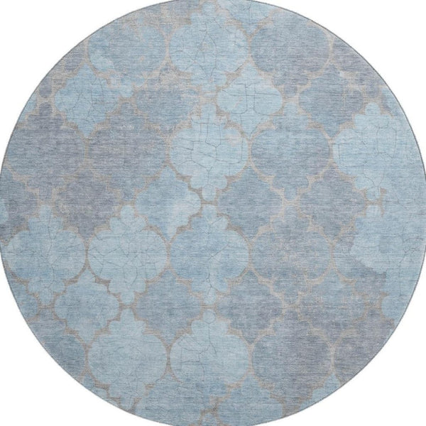 HomeRoots 8' Denim Blue and Beige Damask Round Rug - Stylish, Washable, UV-Protected, Stain-Resistant Elegance 701290