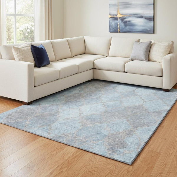 HomeRoots 8' X 10' Denim Blue & Beige Damask Area Rug – Washable, UV Protected, Durable & Elegant Design 701291