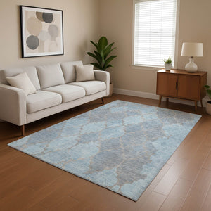 HomeRoots 8' X 10' Denim Blue & Beige Damask Area Rug – Washable, UV Protected, Durable & Elegant Design 701291