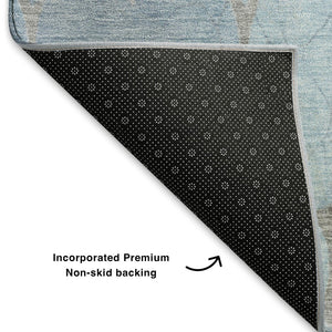 HomeRoots 8' X 10' Denim Blue & Beige Damask Area Rug – Washable, UV Protected, Durable & Elegant Design 701291