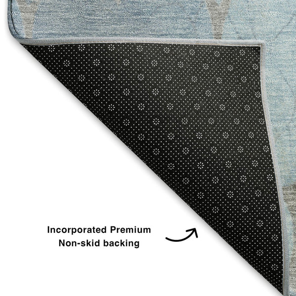 HomeRoots 8' X 10' Denim Blue & Beige Damask Area Rug – Washable, UV Protected, Durable & Elegant Design 701291