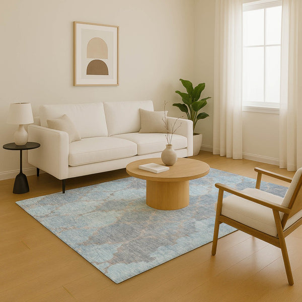 HomeRoots 8' X 10' Denim Blue & Beige Damask Area Rug – Washable, UV Protected, Durable & Elegant Design 701291