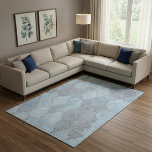 HomeRoots 9' X 12' Denim Blue & Beige Damask Area Rug - Stylish, Washable, UV Protected for Busy Homes 701292