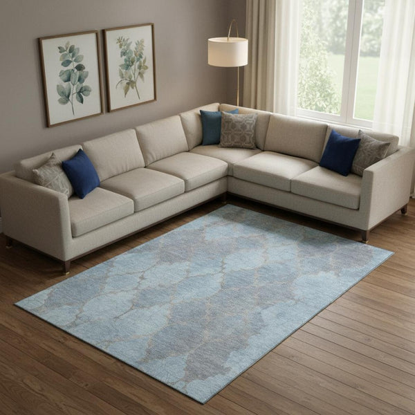 HomeRoots 9' X 12' Denim Blue & Beige Damask Area Rug - Stylish, Washable, UV Protected for Busy Homes 701292