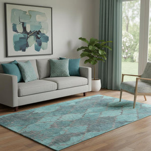 HomeRoots 5' X 8' Teal and Taupe Damask Area Rug - Durable, Washable, UV-Protected for Stylish Homes! 701295