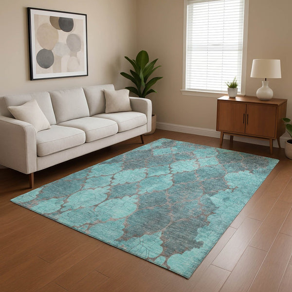 HomeRoots 5' X 8' Teal and Taupe Damask Area Rug - Durable, Washable, UV-Protected for Stylish Homes! 701295