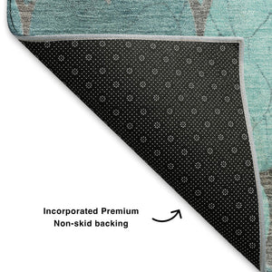 HomeRoots 5' X 8' Teal and Taupe Damask Area Rug - Durable, Washable, UV-Protected for Stylish Homes! 701295