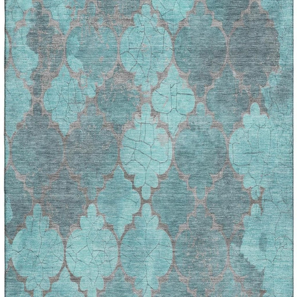 HomeRoots 5' X 8' Teal and Taupe Damask Area Rug - Durable, Washable, UV-Protected for Stylish Homes! 701295