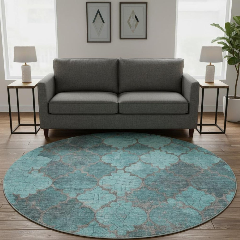 HomeRoots 8' Teal and Taupe Damask Washable Round Rug with UV Protection – Durable, Stylish, and Easy-Care! 701296