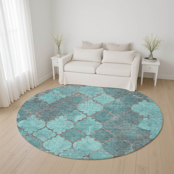 HomeRoots 8' Teal and Taupe Damask Washable Round Rug with UV Protection – Durable, Stylish, and Easy-Care! 701296