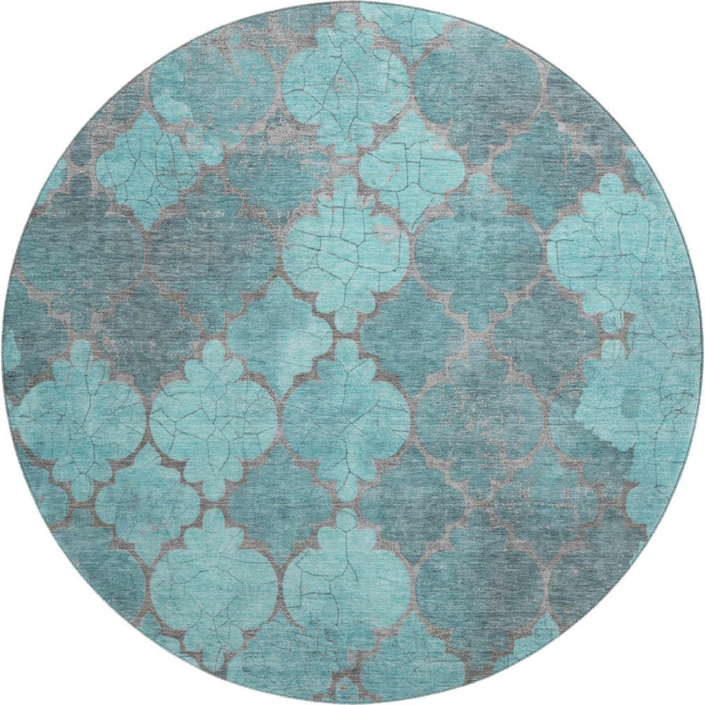 HomeRoots 8' Teal and Taupe Damask Washable Round Rug with UV Protection – Durable, Stylish, and Easy-Care! 701296
