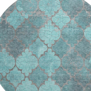 HomeRoots 8' Teal and Taupe Damask Washable Round Rug with UV Protection – Durable, Stylish, and Easy-Care! 701296
