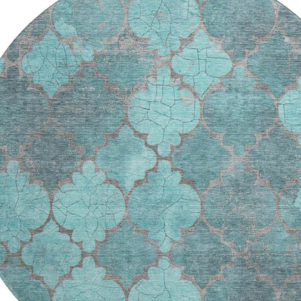 HomeRoots 8' Teal and Taupe Damask Washable Round Rug with UV Protection – Durable, Stylish, and Easy-Care! 701296