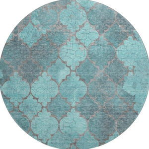 HomeRoots 8' Teal and Taupe Damask Washable Round Rug with UV Protection – Durable, Stylish, and Easy-Care! 701296