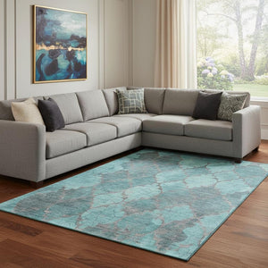 HomeRoots 8' X 10' Elegant Teal & Taupe Damask Area Rug - Washable, UV Protected & Stain Resistant for Homes 701297