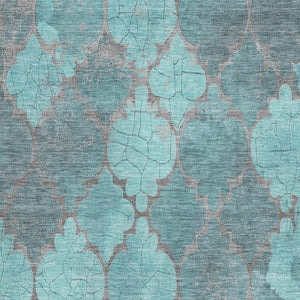 HomeRoots 8' X 10' Elegant Teal & Taupe Damask Area Rug - Washable, UV Protected & Stain Resistant for Homes 701297