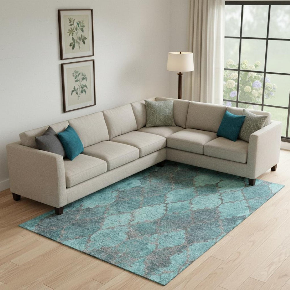 HomeRoots 9' X 12' Teal and Taupe Damask Area Rug - Stylish, Washable, UV-Protected for High-Traffic Spaces 701298