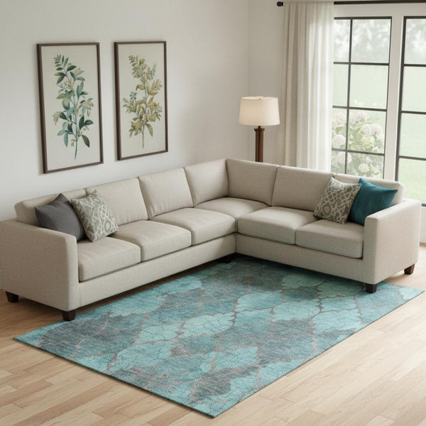 HomeRoots 10' X 14' Stylish Teal and Taupe Damask Washable Area Rug with UV Protection for Family Spaces 701299
