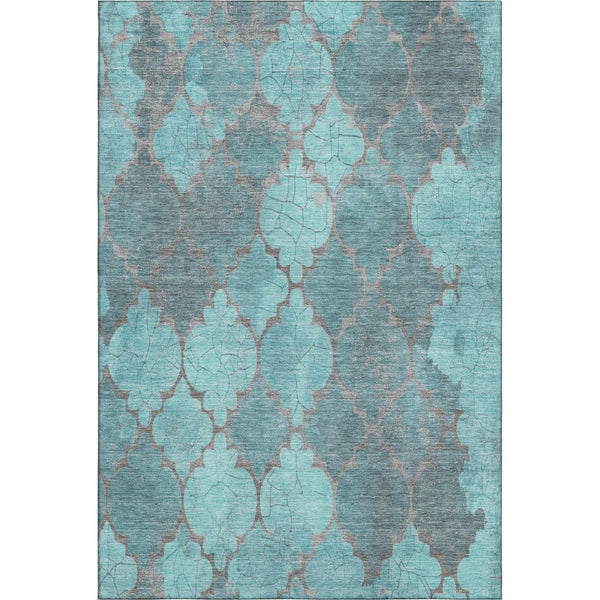 HomeRoots 10' X 14' Stylish Teal and Taupe Damask Washable Area Rug with UV Protection for Family Spaces 701299
