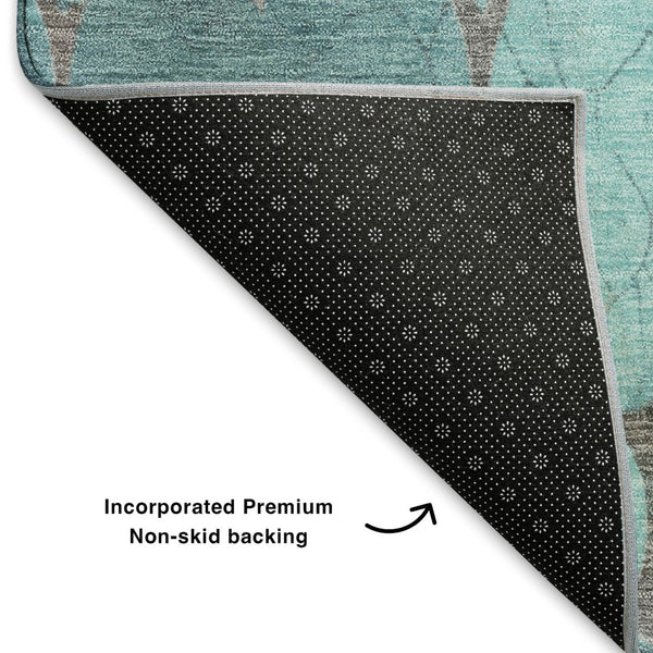 HomeRoots 10' X 14' Stylish Teal and Taupe Damask Washable Area Rug with UV Protection for Family Spaces 701299