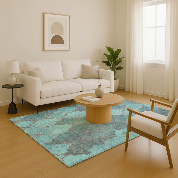 HomeRoots 10' X 14' Stylish Teal and Taupe Damask Washable Area Rug with UV Protection for Family Spaces 701299