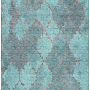 HomeRoots 10' X 14' Stylish Teal and Taupe Damask Washable Area Rug with UV Protection for Family Spaces 701299