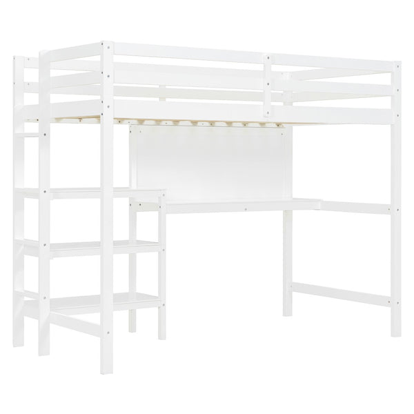 English Elm Twin Loft Bed with Built-in Desk Shelving and Dry-erase Board for Kids Rooms White LT100320AAK
