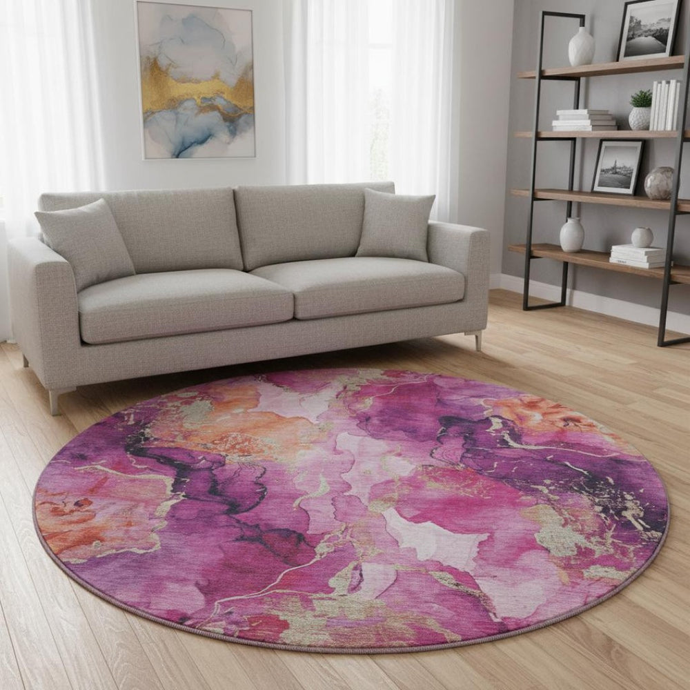 HomeRoots 8' Modern Burgundy and Salmon Abstract Round Rug – UV Resistant, Stain-Proof, Non-Slip Design 701302