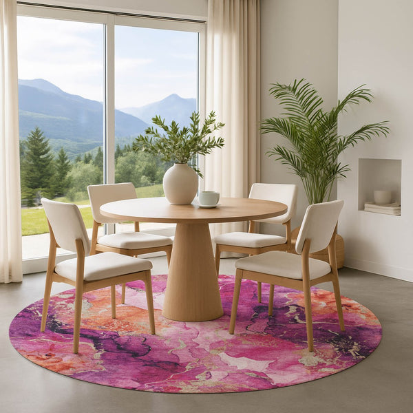 HomeRoots 8' Modern Burgundy and Salmon Abstract Round Rug – UV Resistant, Stain-Proof, Non-Slip Design 701302