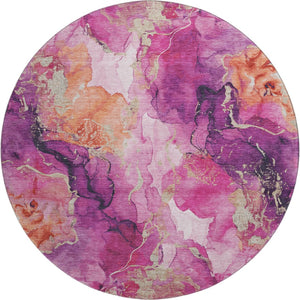 HomeRoots 8' Modern Burgundy and Salmon Abstract Round Rug – UV Resistant, Stain-Proof, Non-Slip Design 701302