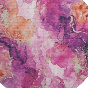HomeRoots 8' Modern Burgundy and Salmon Abstract Round Rug – UV Resistant, Stain-Proof, Non-Slip Design 701302