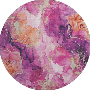HomeRoots 8' Modern Burgundy and Salmon Abstract Round Rug – UV Resistant, Stain-Proof, Non-Slip Design 701302