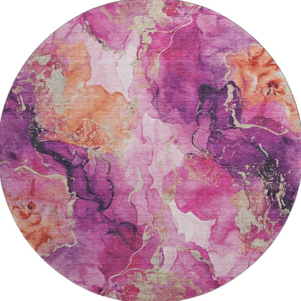 HomeRoots 8' Modern Burgundy and Salmon Abstract Round Rug – UV Resistant, Stain-Proof, Non-Slip Design 701302