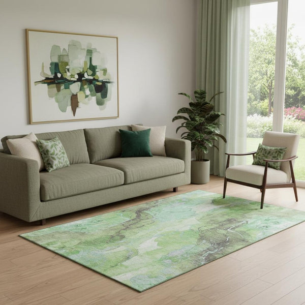 HomeRoots 5' Abstract Green and Charcoal Washable Area Rug with UV Protection for Modern Homes & High Traffic 701307