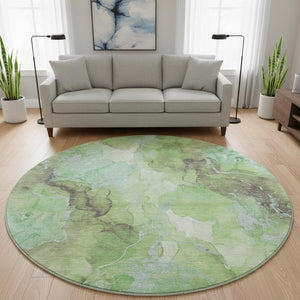 HomeRoots 8' Abstract Green and Charcoal Washable Round Rug with UV Protection - Stylish, Durable, and Versatile! 701308
